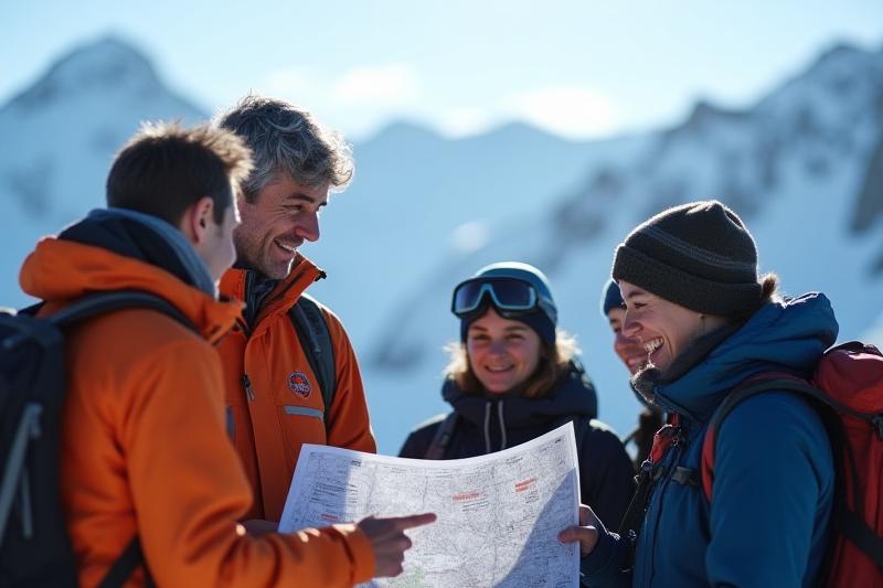 Winterveil Expeditions guide conducting a safety briefing with participants in front of a snowy mountain